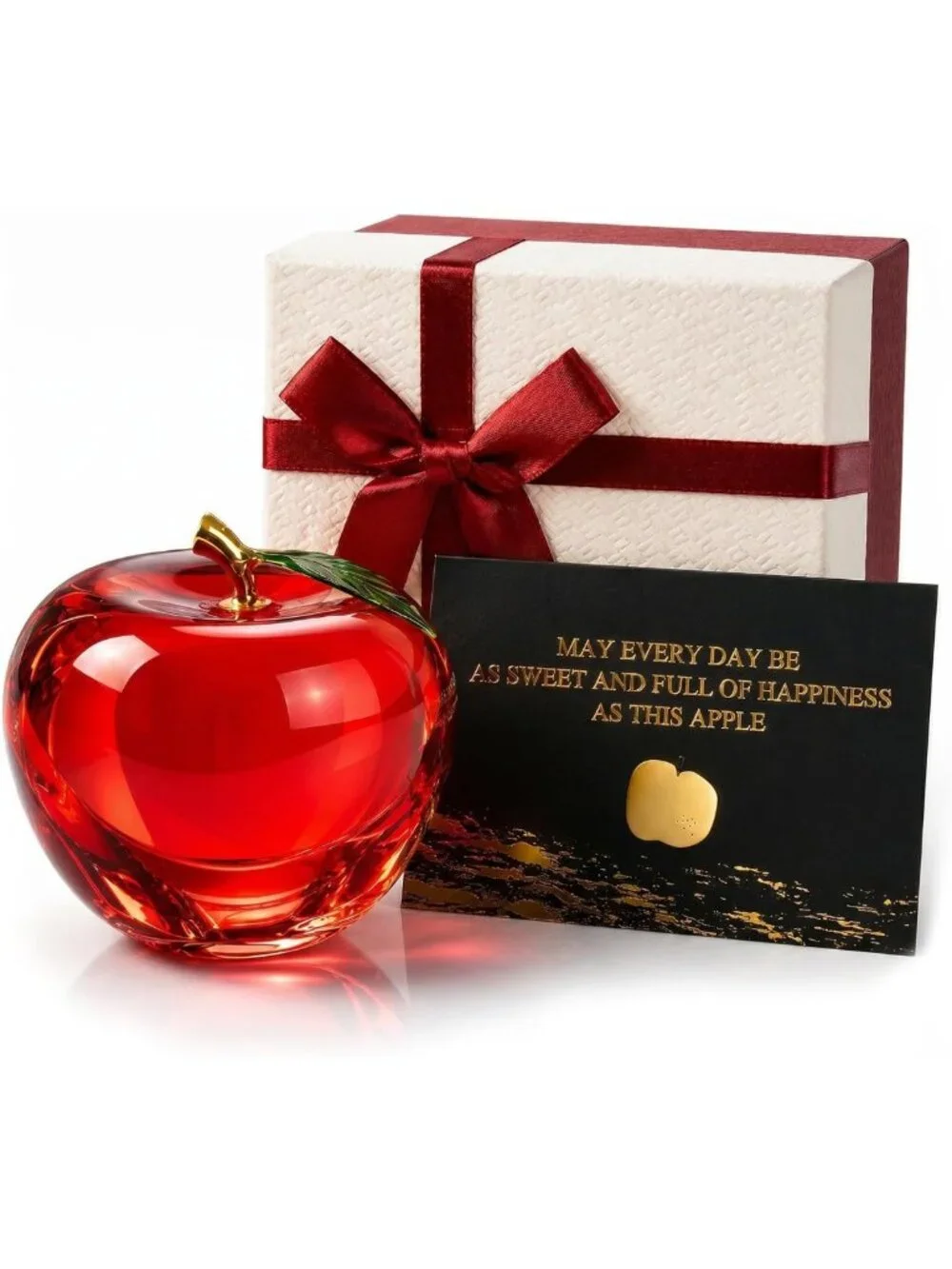 Elegant Crystal Apple Paperweight - Clear Glass Decor with Gold Stem, Perfect